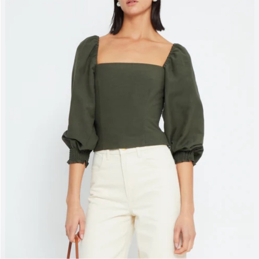 O.P.T. Gisele Linen Blend Crop Top smocked square neck olive green S